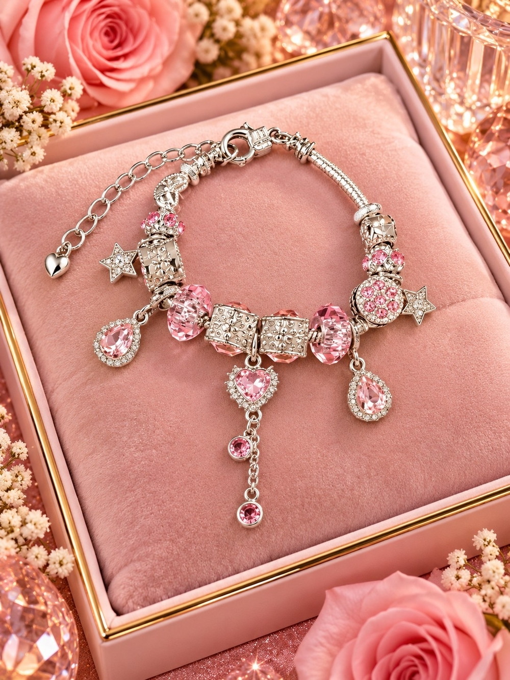 Silver Pink Crystal Charm Bracelet for Women